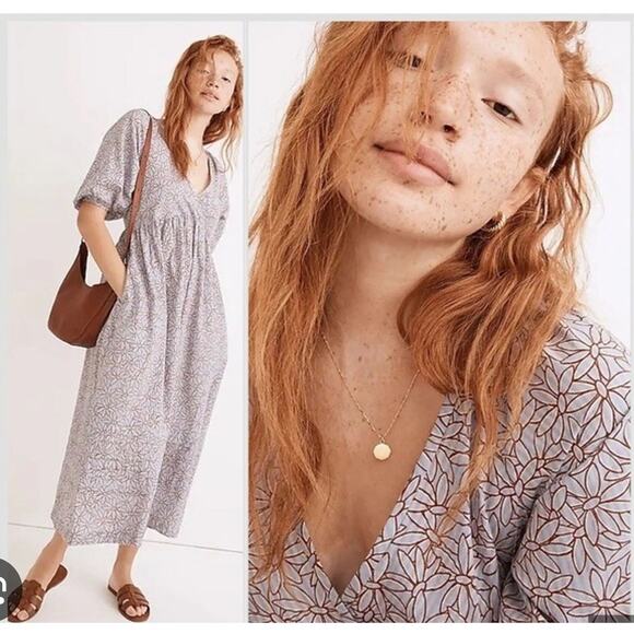 Madewell Marianna Puff-Sleeve Midi Dress Dream-On Daisies Medium Cotton Purple - Picture 2 of 9